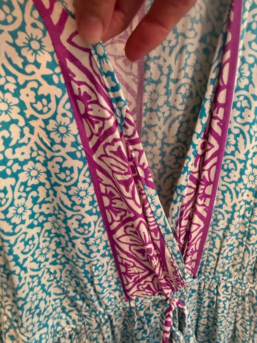 Floral Teal Maxi Dress with Pink Trim and Tie Waist - Picture 7 of 9